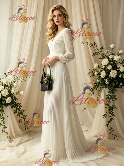 Ivory White Long Sleeve V-neck Pleats Wedding Dress