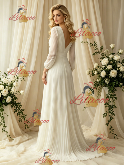 Ivory White Long Sleeve V-neck Pleats Wedding Dress