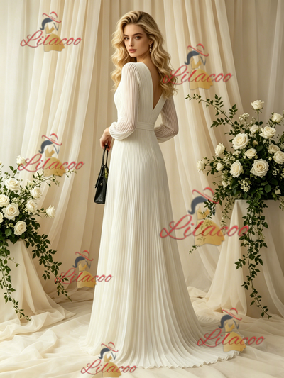 Ivory White Long Sleeve V-neck Pleats Wedding Dress
