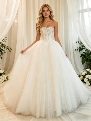 White Tulle Strapless Beading Wedding Dress