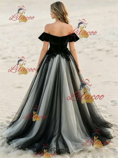 Black Tulle Off the Shoulder Appliques Wedding Dress