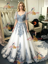 Tulle Lace Appliques Puff Sleeve Prom Dress