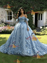 Blue Tulle 3D Appliques Long Sleeve Quinceanera Dress