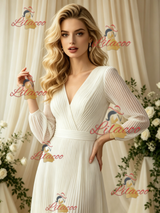 Ivory White Long Sleeve V-neck Pleats Wedding Dress
