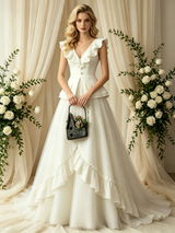 Ivory Tulle V-neck Button Wedding Dress