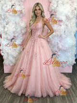 Pink Tulle Spaghetti Straps Appliques Prom Dress