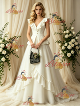 Ivory Tulle V-neck Button Wedding Dress