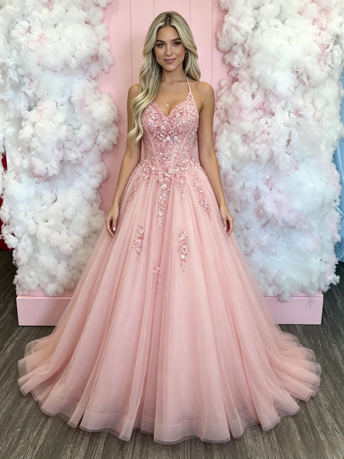 Pink Tulle Spaghetti Straps Appliques Prom Dress