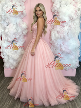 Pink Tulle Spaghetti Straps Appliques Prom Dress