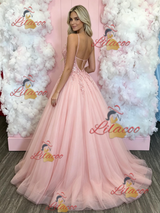 Pink Tulle Spaghetti Straps Appliques Prom Dress