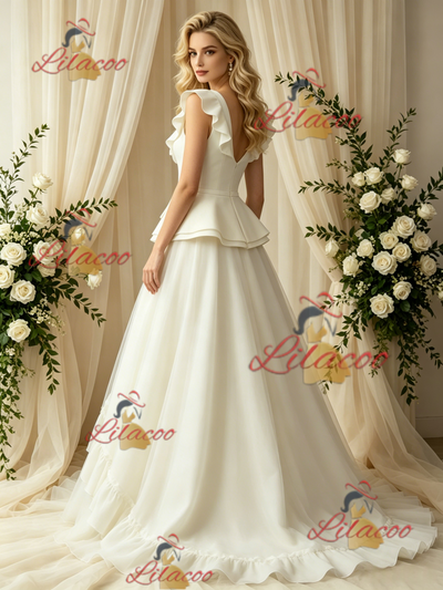 Ivory Tulle V-neck Button Wedding Dress