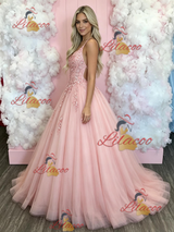 Pink Tulle Spaghetti Straps Appliques Prom Dress
