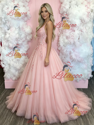 Pink Tulle Spaghetti Straps Appliques Prom Dress
