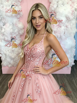 Pink Tulle Spaghetti Straps Appliques Prom Dress