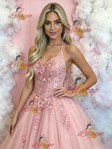 Pink Tulle Spaghetti Straps Appliques Prom Dress