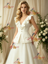 Ivory Tulle V-neck Button Wedding Dress