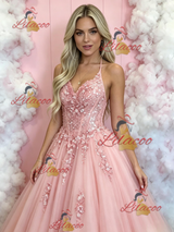 Pink Tulle Spaghetti Straps Appliques Prom Dress
