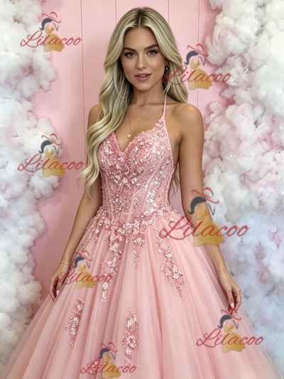 Pink Tulle Spaghetti Straps Appliques Prom Dress