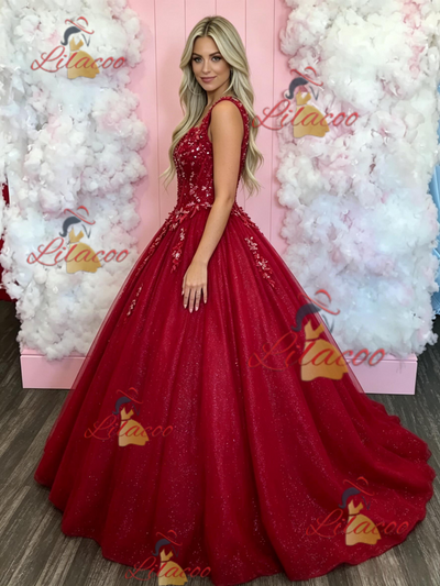 Red Tulle V-neck Appliques Prom Dress