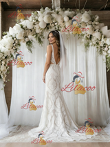 White Mermaid Lace V-neck Backless Wedding Dress
