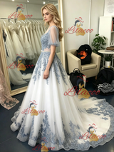 Tulle Lace Appliques Puff Sleeve Prom Dress