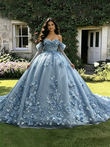 Blue Tulle 3D Appliques Long Sleeve Quinceanera Dress