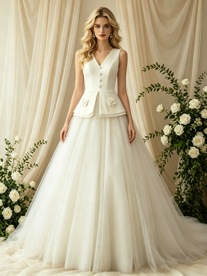 Ivory V-neck Button Flower Wedding Dress