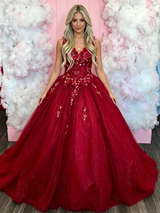 Red Tulle V-neck Appliques Prom Dress