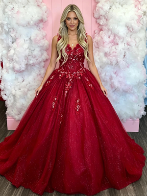 Red Tulle V-neck Appliques Prom Dress