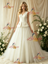 Ivory V-neck Button Flower Wedding Dress