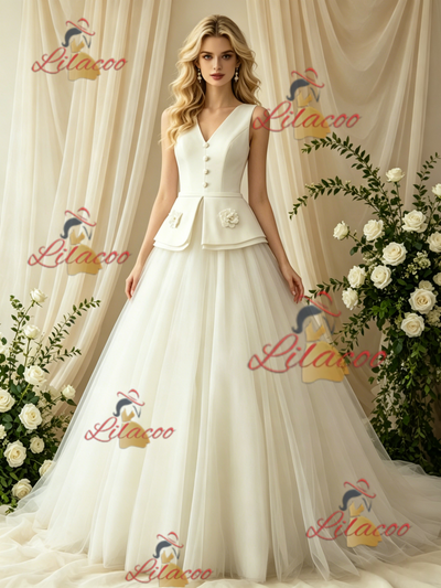 Ivory V-neck Button Flower Wedding Dress