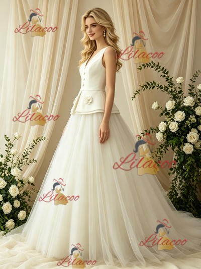 Ivory V-neck Button Flower Wedding Dress