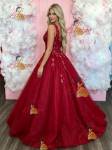 Red Tulle V-neck Appliques Prom Dress