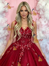 Red Tulle V-neck Appliques Prom Dress