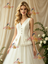 Ivory V-neck Button Flower Wedding Dress