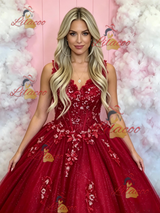 Red Tulle V-neck Appliques Prom Dress