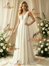 Ivory V-neck Pleats Wedding Dress