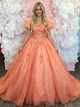 Orange Tulle Puff Sleeve Appliques Prom Dress