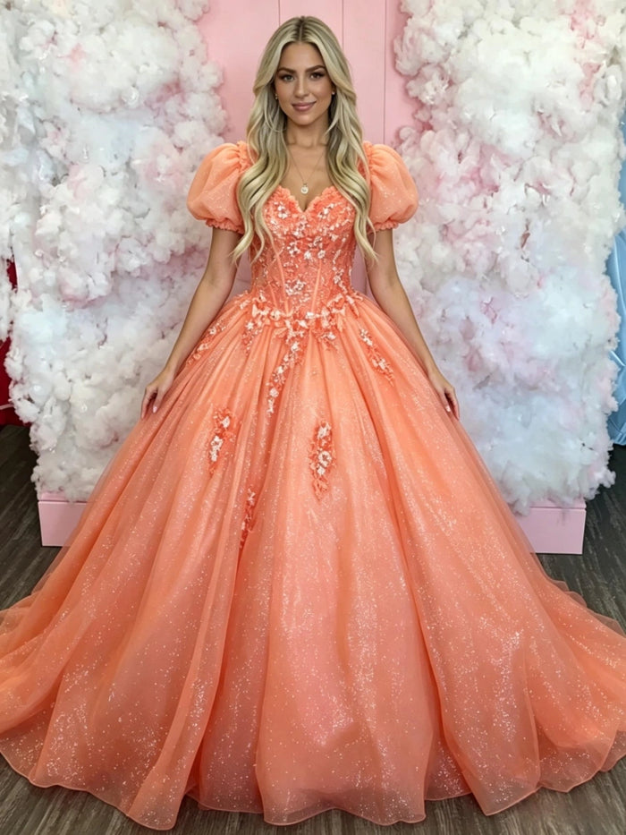 Orange Tulle Puff Sleeve Appliques Prom Dress
