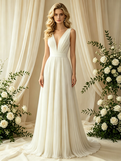 Ivory V-neck Pleats Wedding Dress