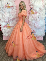 Orange Tulle Puff Sleeve Appliques Prom Dress