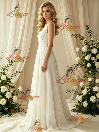 Ivory V-neck Pleats Wedding Dress