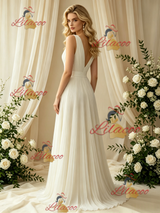 Ivory V-neck Pleats Wedding Dress