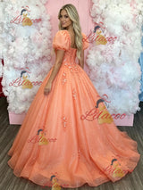 Orange Tulle Puff Sleeve Appliques Prom Dress