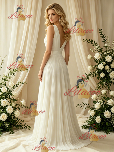 Ivory V-neck Pleats Wedding Dress