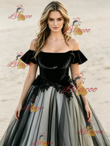 Black Tulle Off the Shoulder Appliques Wedding Dress