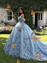 Blue Tulle 3D Appliques Long Sleeve Quinceanera Dress