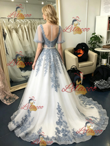 Tulle Lace Appliques Puff Sleeve Prom Dress