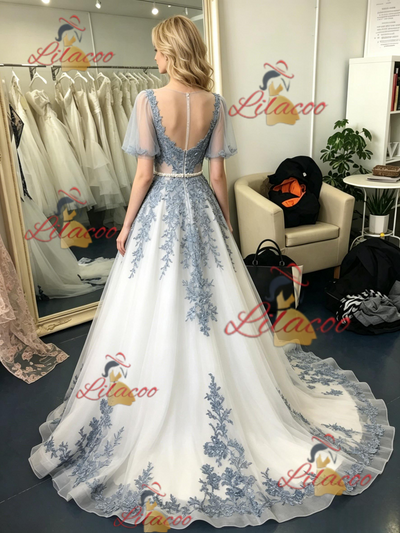 Tulle Lace Appliques Puff Sleeve Prom Dress