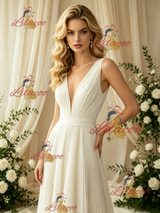 Ivory V-neck Pleats Wedding Dress